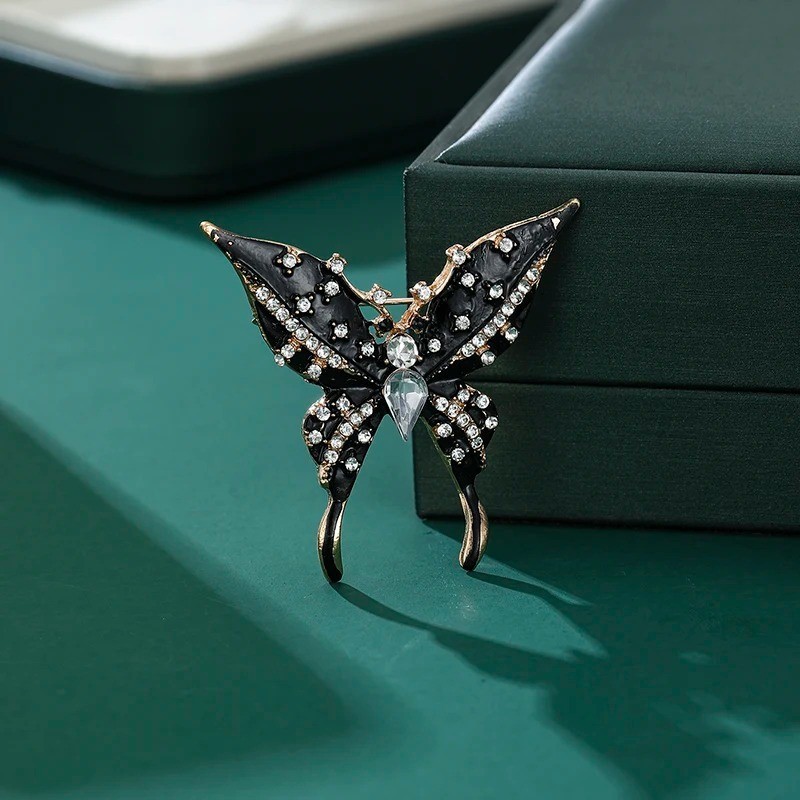 Vintage Black Enamel Butterfly Brooch Gold Tone Crystal Rhinestone Pin