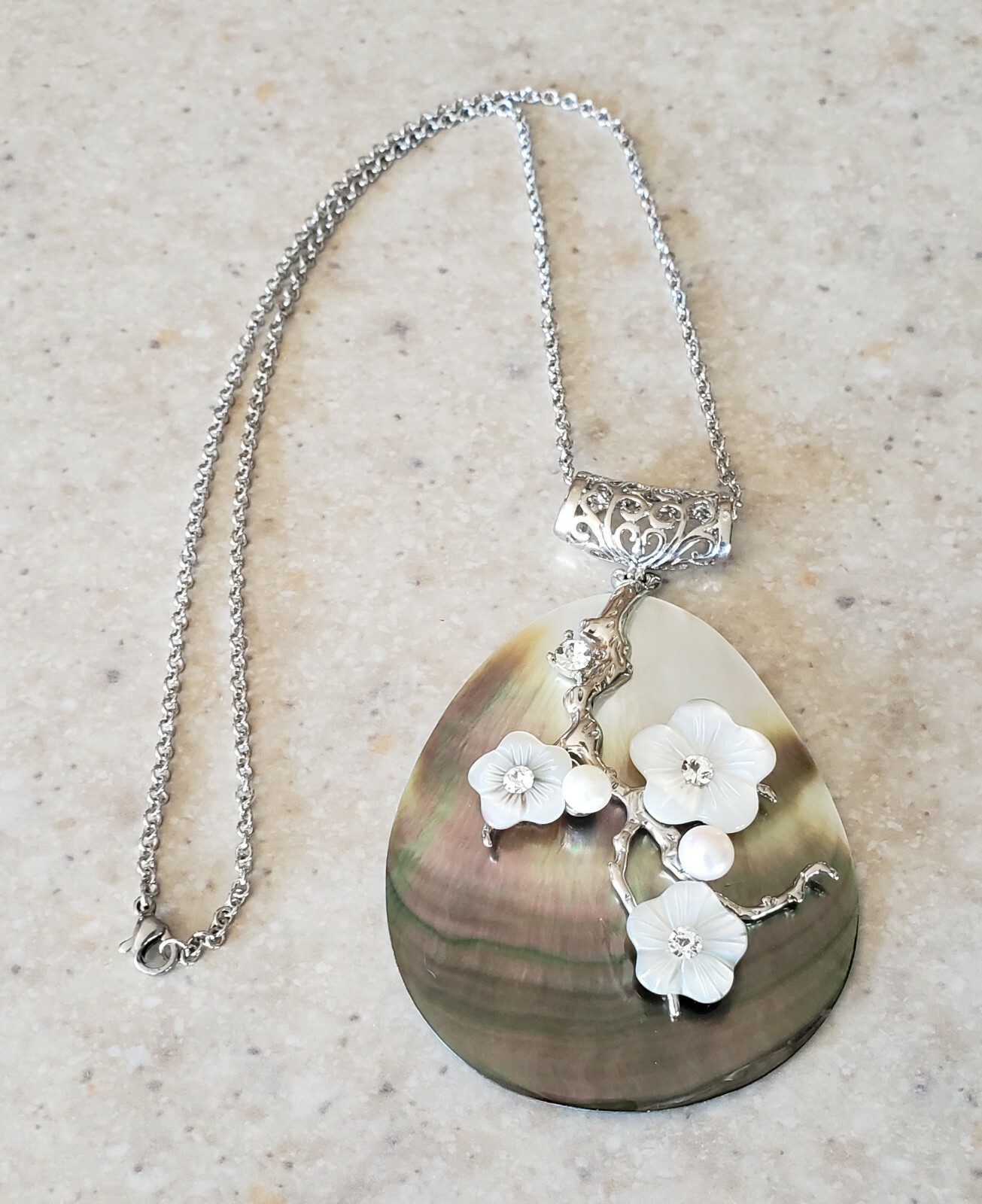 Abalone Shell Necklace Stunning, Faux Diamonds Flowers Pearls Coastal Jewelry