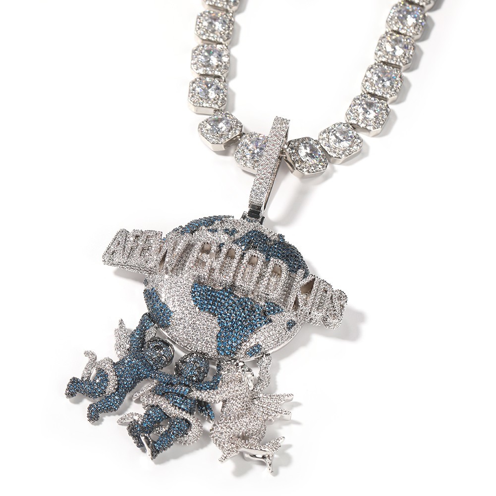 5AAA+ CZ Ice Out Hop Hip Bling A FEW GOOD KIDS 3 Angels Earth Pendant Chain
