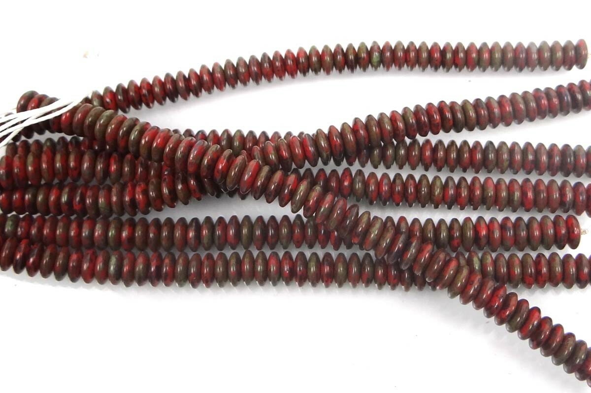 50 Czech Glass Rondelle Beads – Opaque Red – Picasso 6x2mm