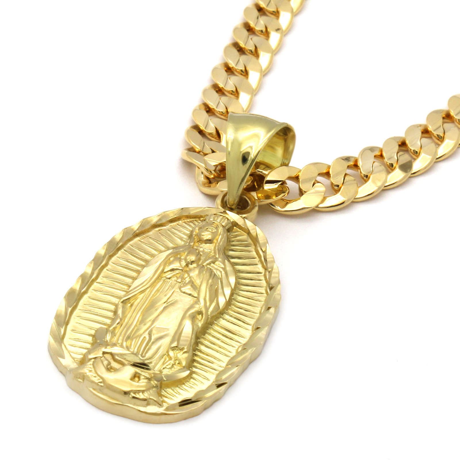 Mens 18k Gold Plated Guadalupe Hip-Hop Pendant 6mm Cuban Chain Necklace