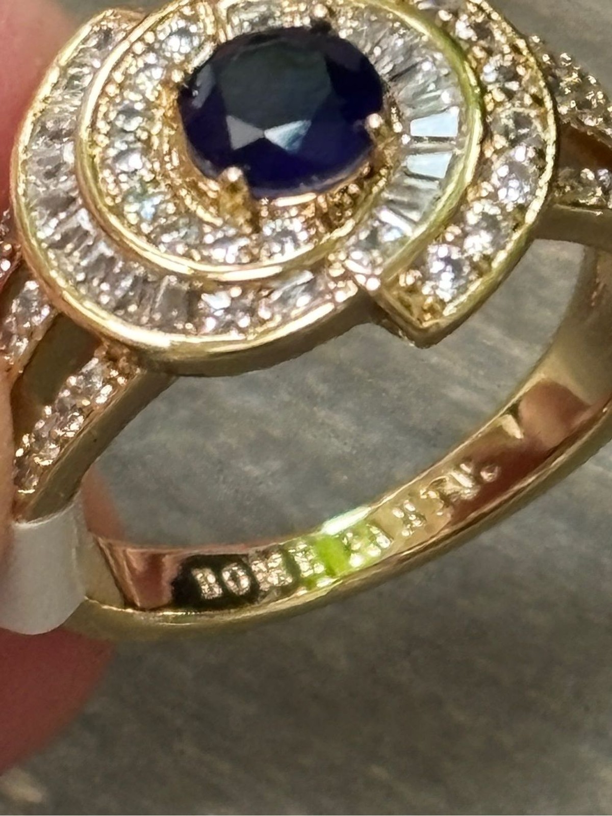Bomb Party Gold and Blue Sapphire Halo Cocktail Ring – Size 9