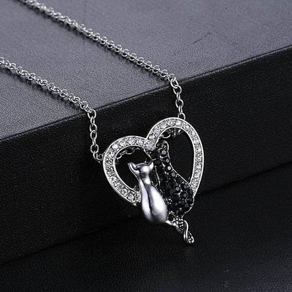 CATS in Rhinestone Heart 1-1/8″ x 1″ (30mm) Pendant Necklace with 19″ Chain