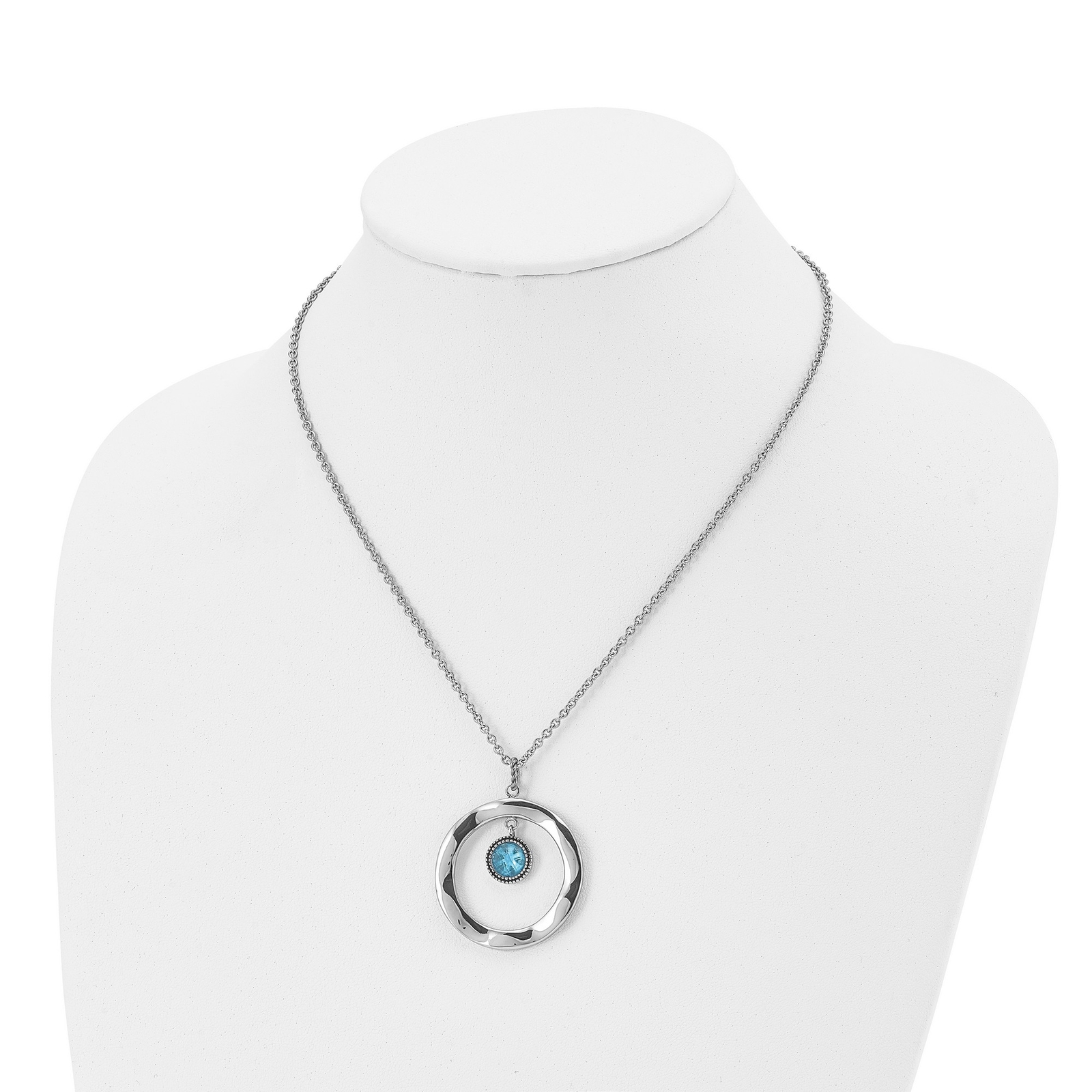 Stainless Steel Polished Blue Glass Circle 2 Inch Extension Necklace