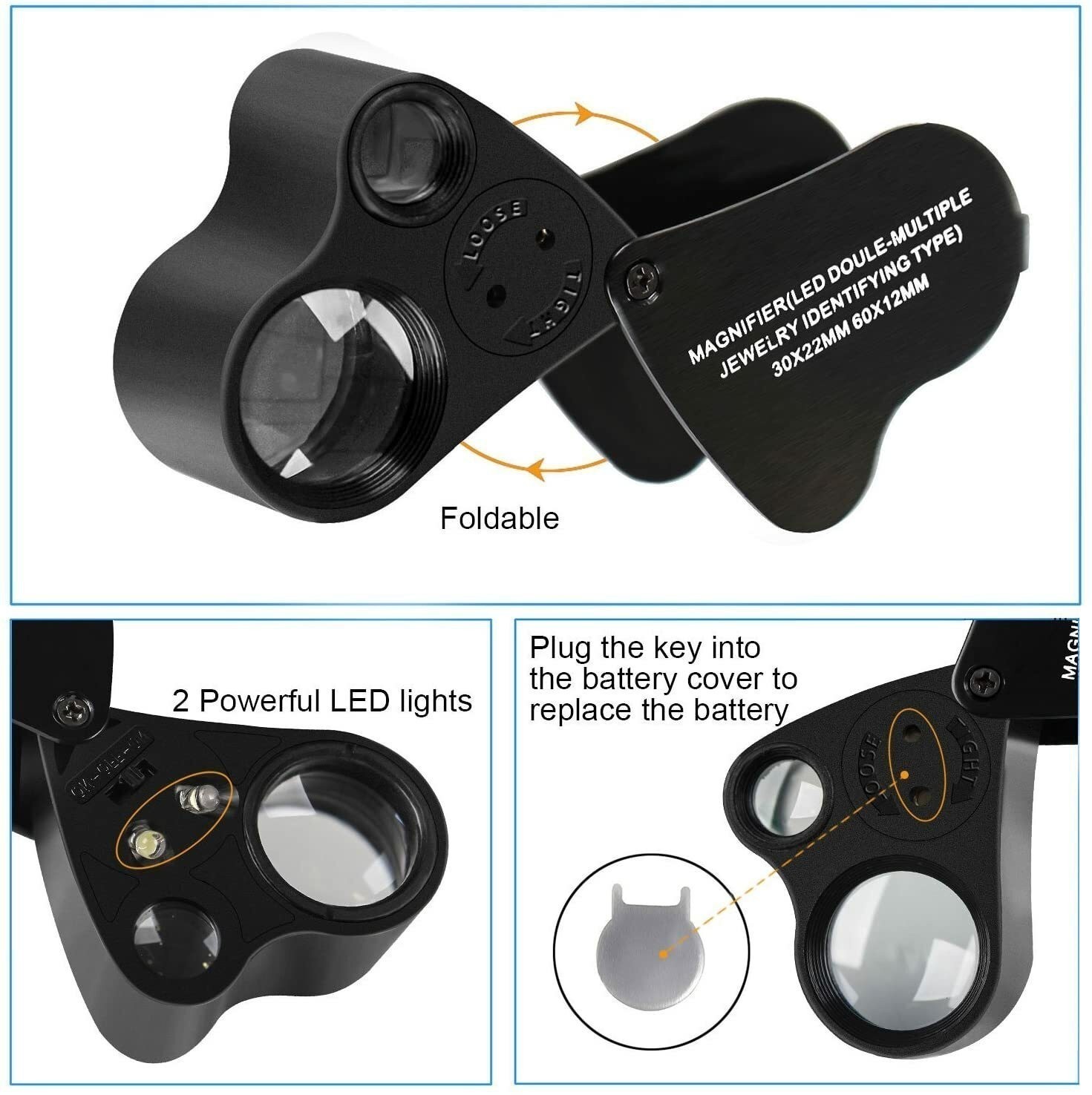 Foldable LED Magnifier 30X 60X Illuminated Jewel Loupe for Gold Identification