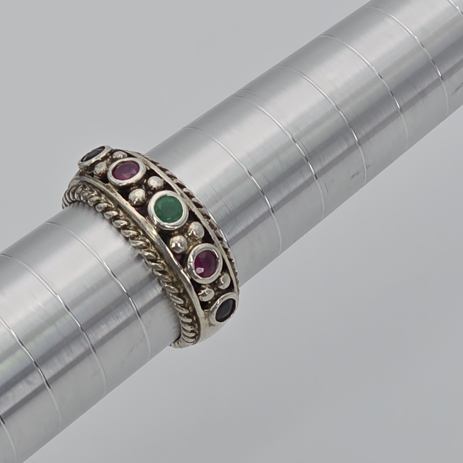 Vtg PRANDA Genuine Ruby Emerald Sapphire Ring 925 Sterling Silver Thailand Sz 8