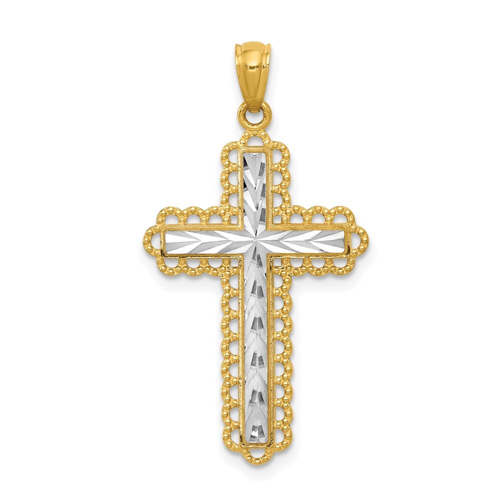 14k Yellow Gold w Rhodium Diamond Cut Cross Pendant 1.08g (L- 34mm, W-18.25mm)