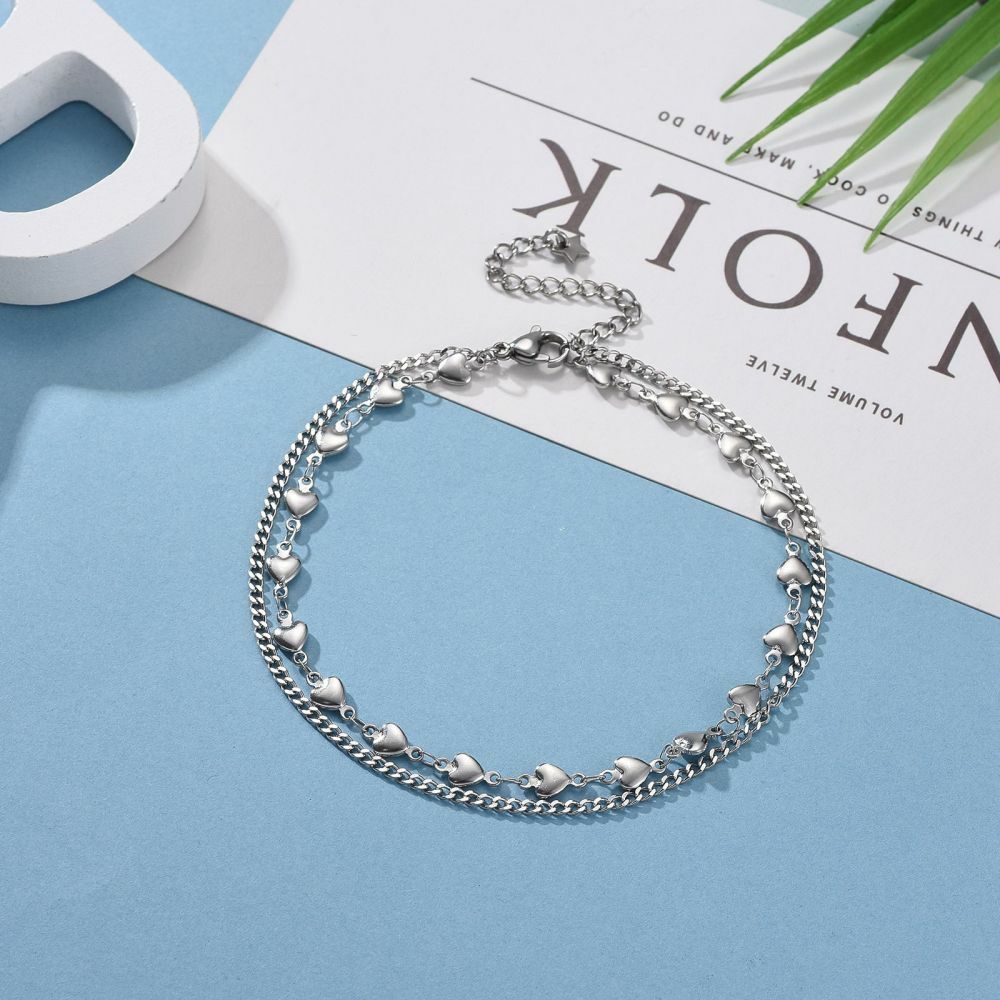 304 Stainless Steel Multi-Strand Anklet Bracelet Lobster Heart Silver 9.2″ Z9