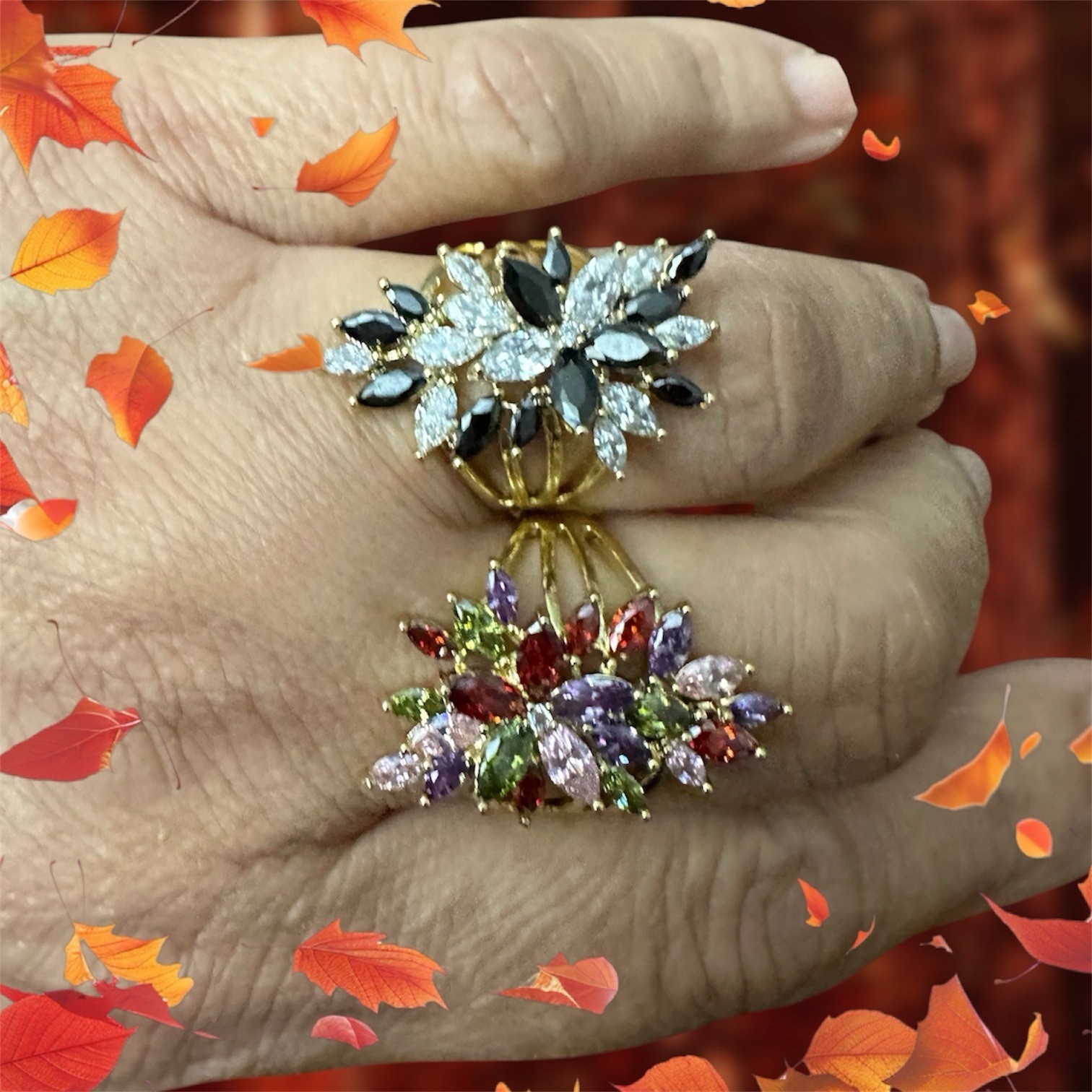 None fade Crystal Cluster Flower Cocktail Ring, Marquise Black Stones, free size