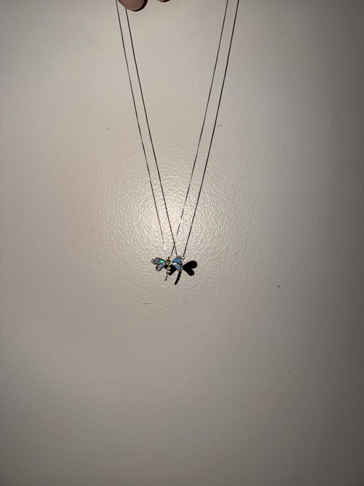 14 Kt White Gold Dragonfly Pendant Necklace Opal & Peridot Box Chain
