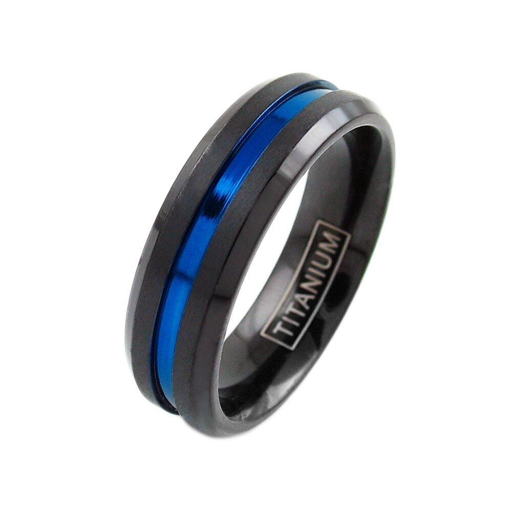 6/8mm Black Titanium Men’s Thin Blue Line Brushed Wedding Band Ring