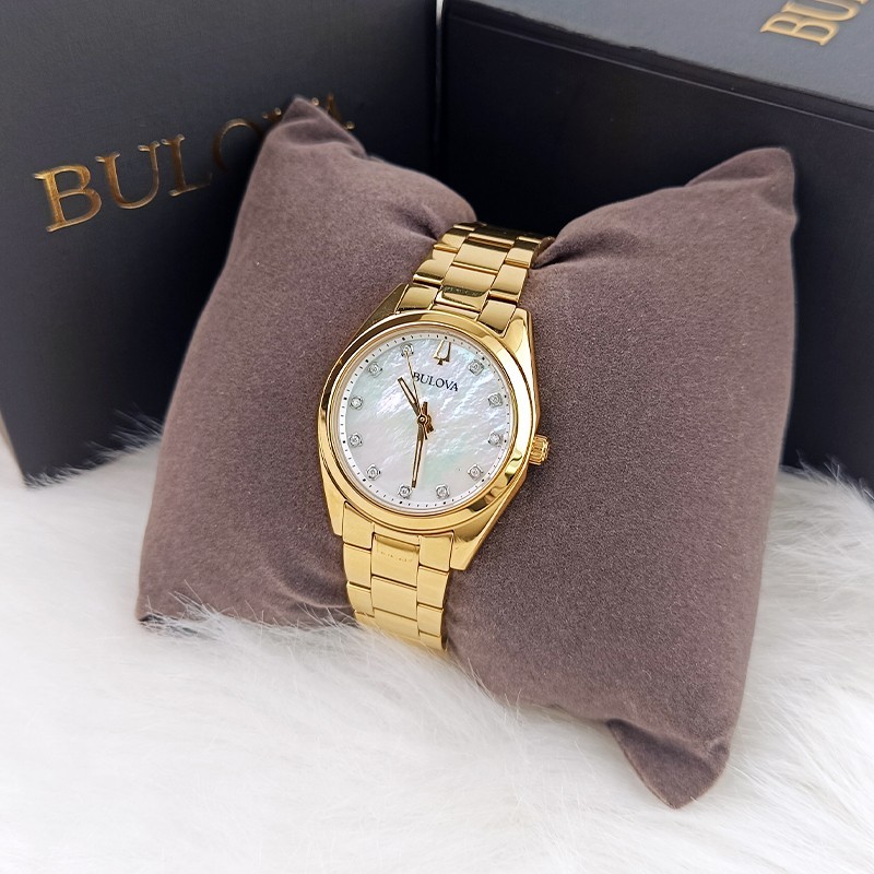 Bulova Surveyor 97P172 Gold Tone Pearl Dial Diamond Quartz Women’s Watch 31mm
