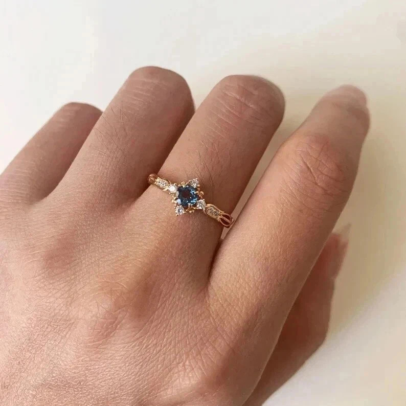 Art Deco Style Aquamarine Lab Created Diamond Engagement 14K Yellow Gold FN Ring