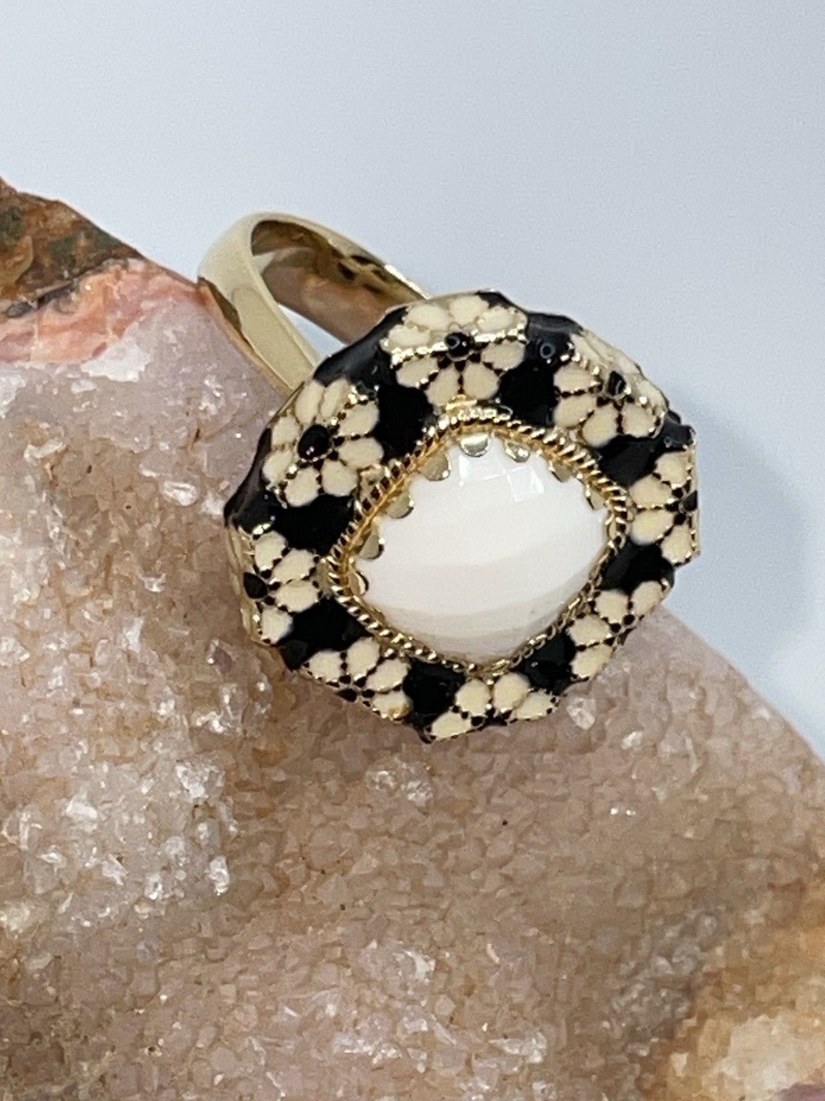 585 14K Yellow Gold Agate Enamel Daisy Flower RING Statement Italy Milor Size 10