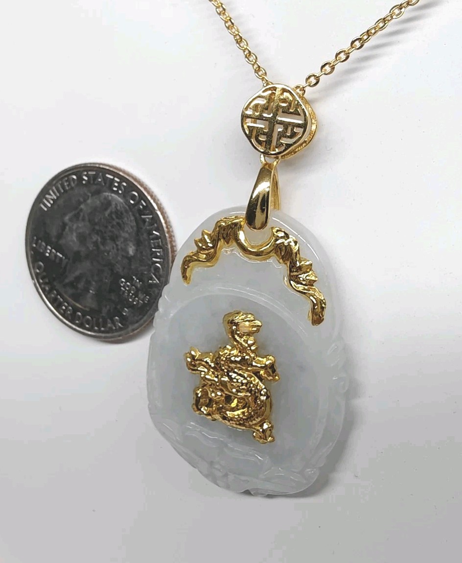 Certificated Dragon Jade Pendant 24K Gold Coated with silver hook 镀千足金玉吊坠龙生肖翡翠A货
