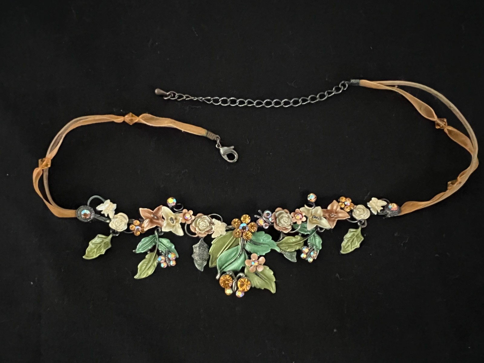 Gold and Green Crystal, Enamel, Ribbon Floral Necklace 18″; very good condition