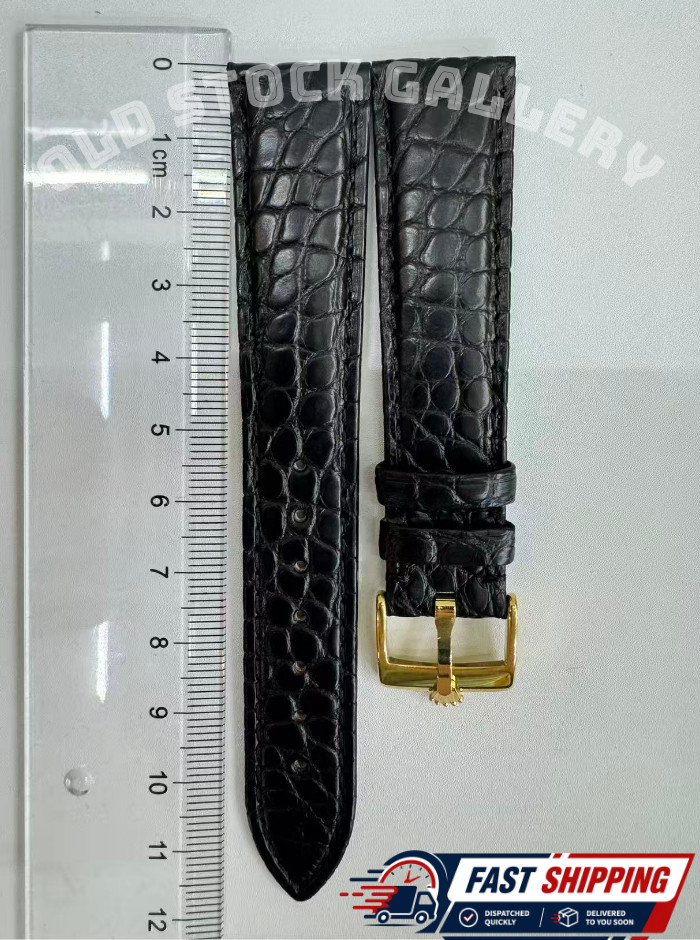 ROLEX Black Leather Crocodile Band 19mm With Rolex Buckle Gold Plated NOS FastSh