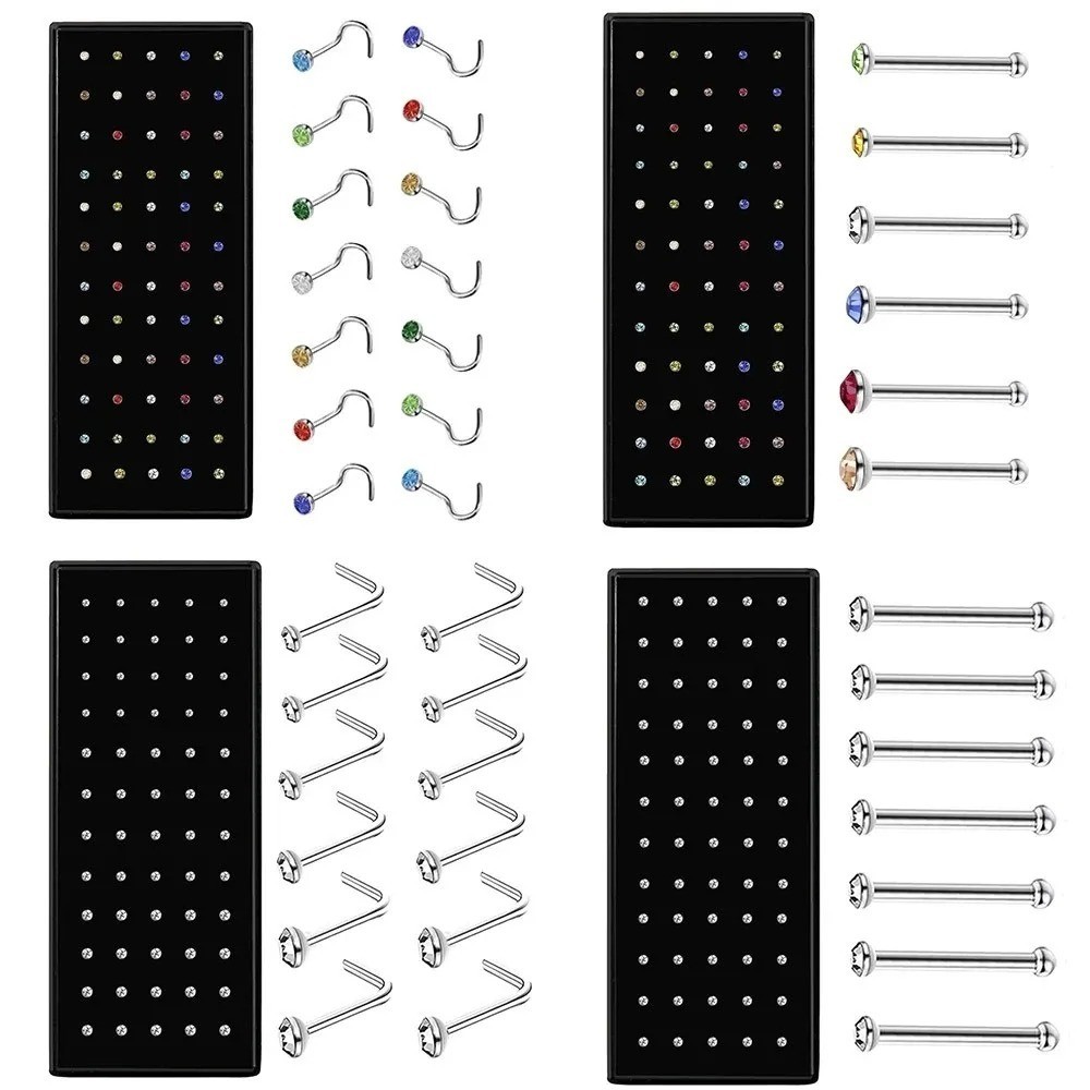 40-60Pcs Stainless Steel Nose Piercing Kit Rings Studs Helix L Shape Jewelry