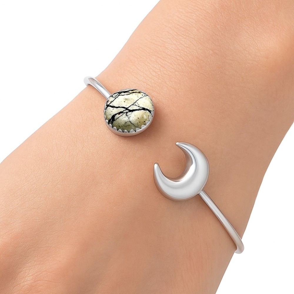 Moon – Authentic White Buffalo Turquoise 925 Silver Cuff Bangle Bracelet B-1046