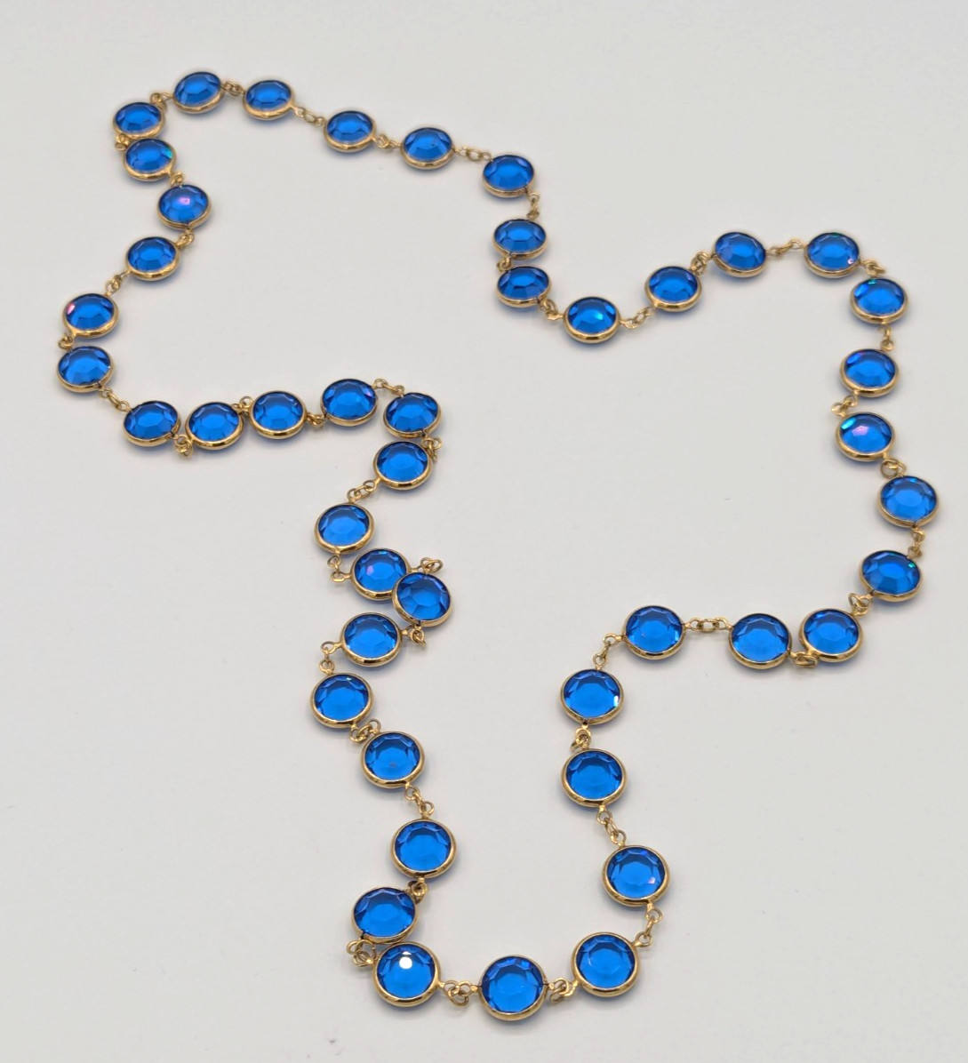 Vintage Blue Glass Open Bezel Station Necklace Gold Tone Endless Flapper 35″