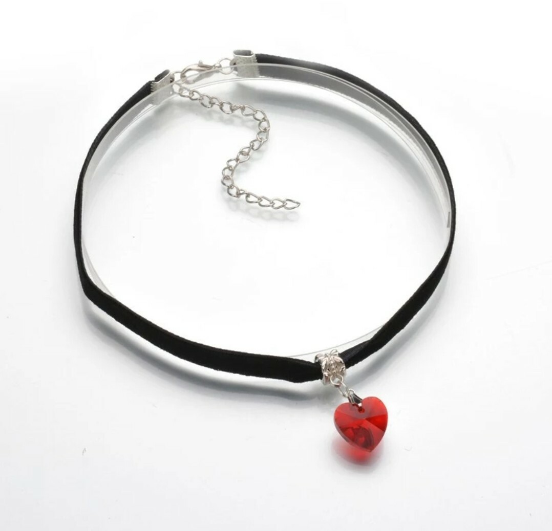 Black Velvet Choker w/ Red Heart Pendant Gothic Punk Necklace 85-1