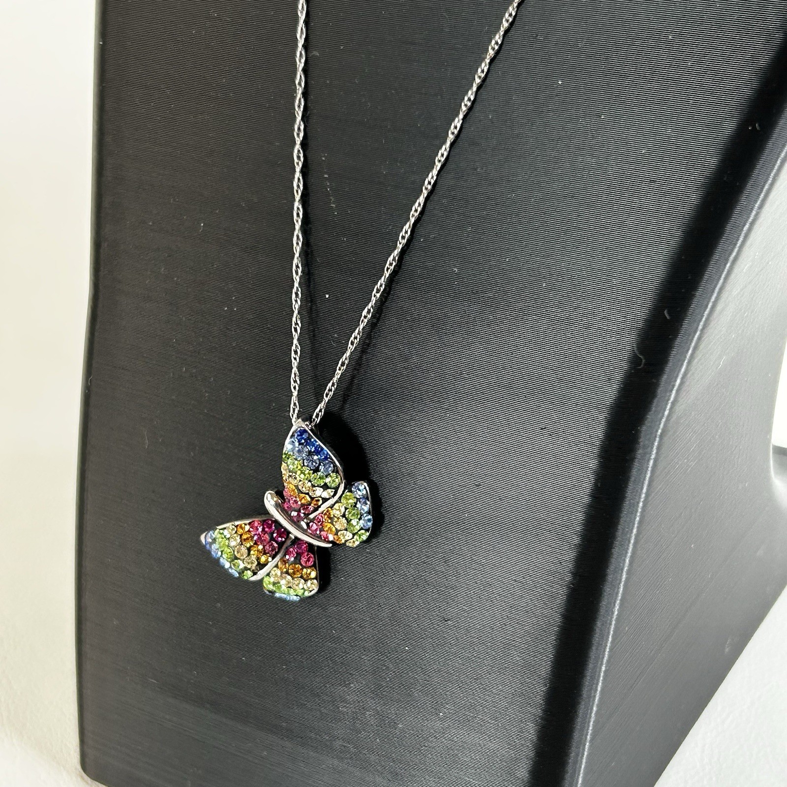 Sterling Silver & Rainbow Crystal Butterfly 18” Necklace Signed 925 JCM Thailand