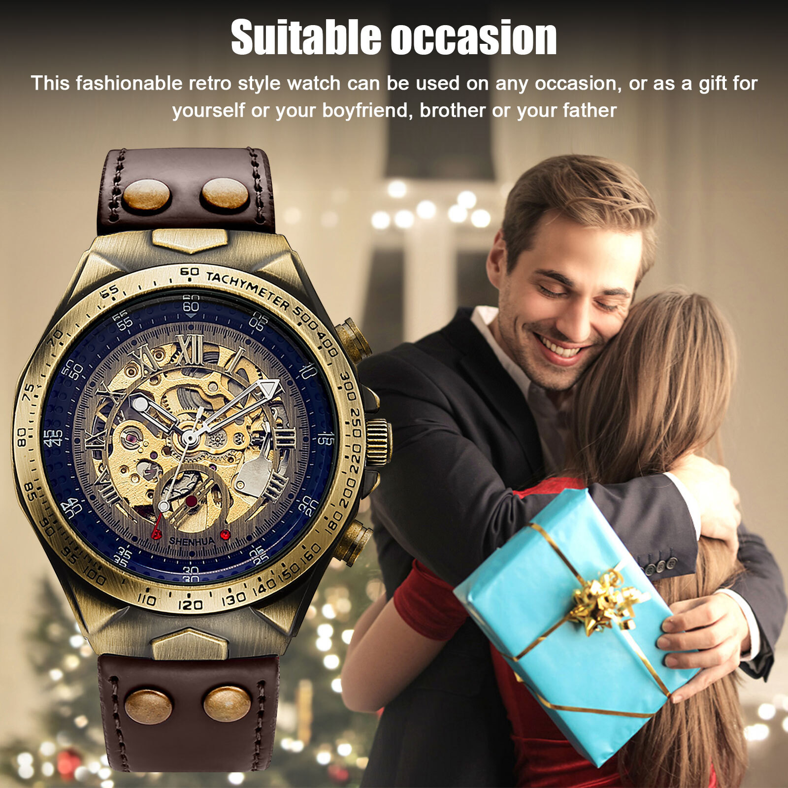 Luxury Men’s Automatic Mechanical Wrist Watch Leather Strap Retro Skeleton Dial