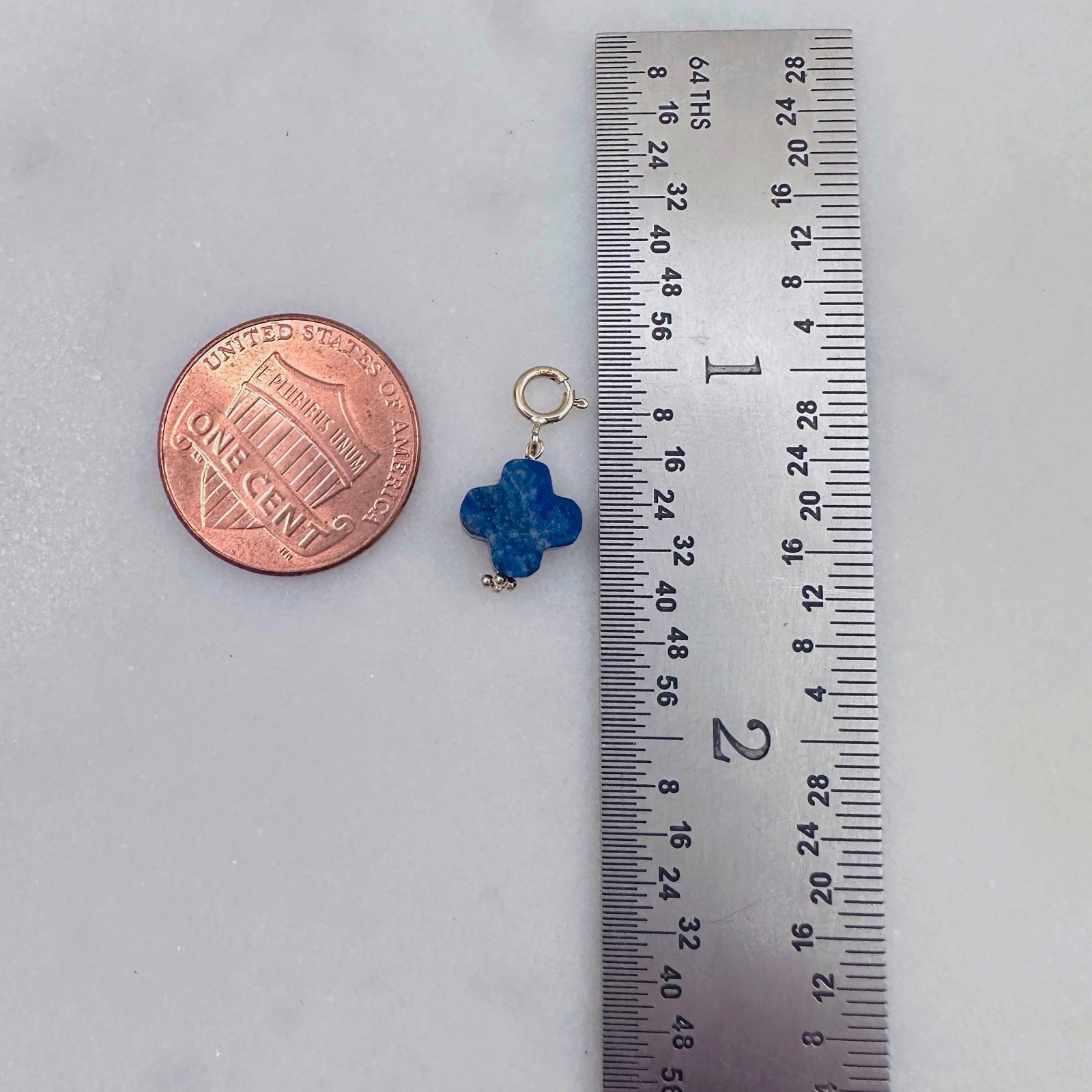 14K Solid Yellow Gold Lapis Lazuli Clover Small Charm Pendant w/Spring Clasp