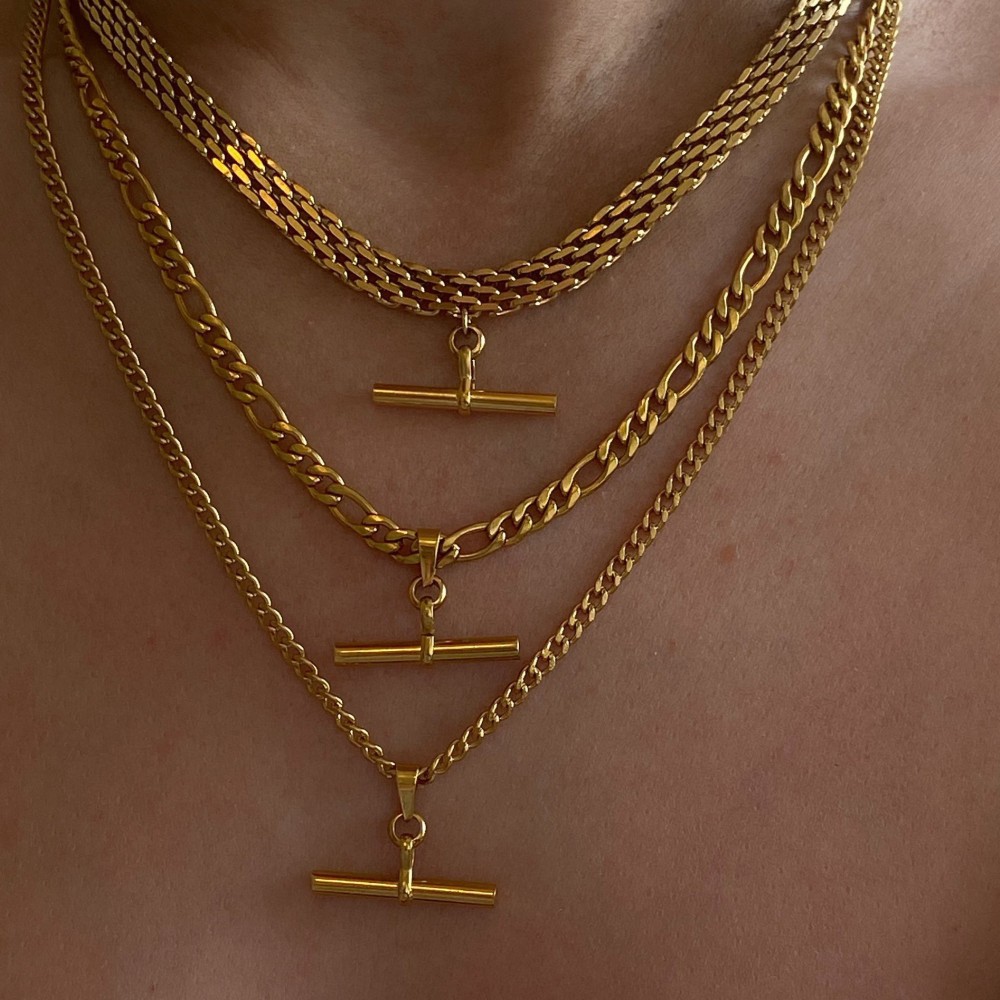 Hip Hop Punk Stainless Steel T-Bar Pendant Fried Dough Twists Chain Cuban Chain