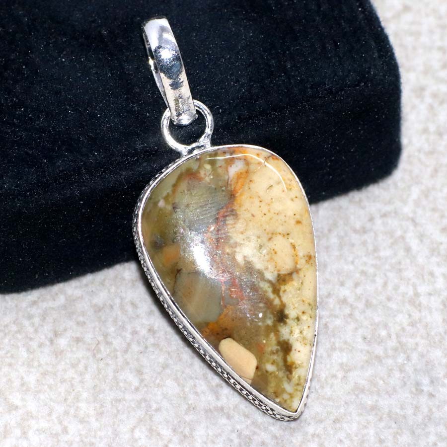 925 Silver Plated Picture Jasper Pendant 1.8″ Celebrity Style Jewelry Trendy GW