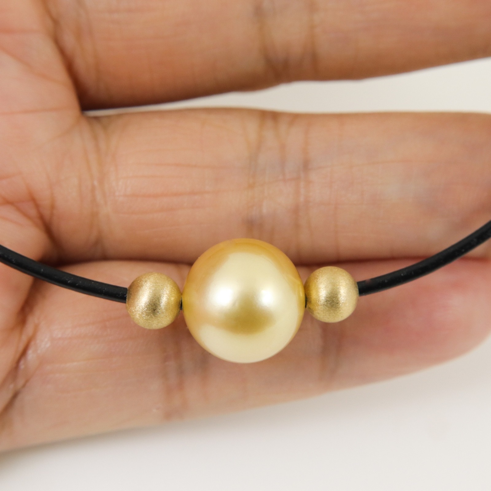 13.3mm Genuine Golden South Sea Pearl Leather Necklace, Solid 14K Gold #105LN