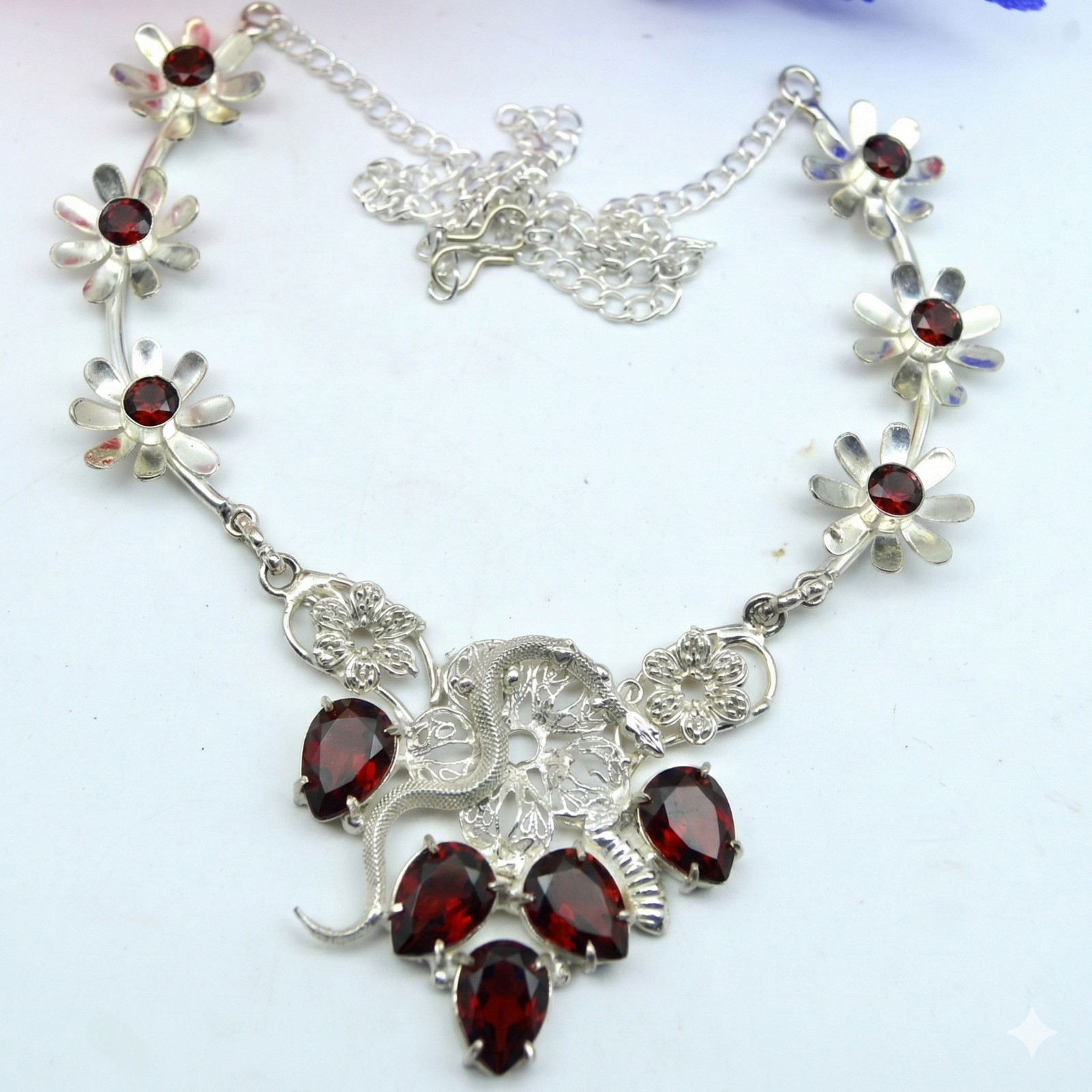 Red Garnet Gemstone Handmade 925 Sterling Silver Jewelry Necklace Size-18