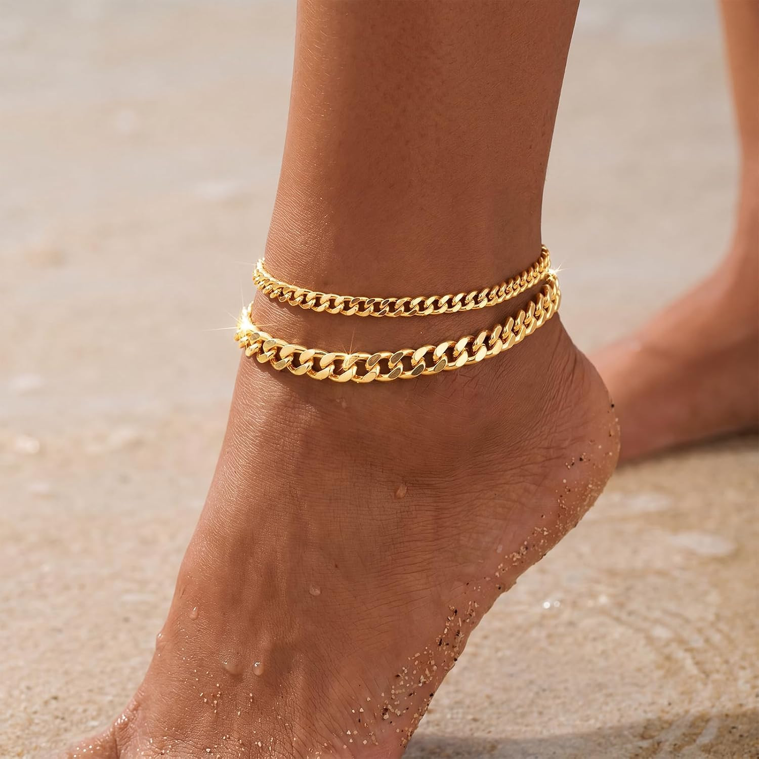 Layered Ankle Bracelets for Women Waterproof, 14K Gold/Silver Plated Cuban Chain