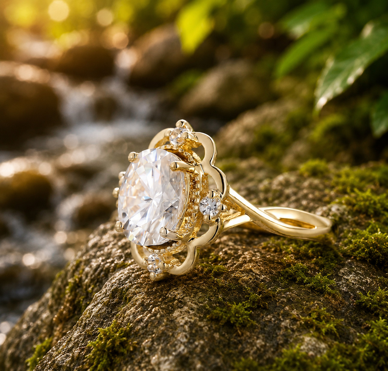 2Ct Oval Lab Created Diamond Halo Engagement Ring 14K Yellow Gold Plated Silver