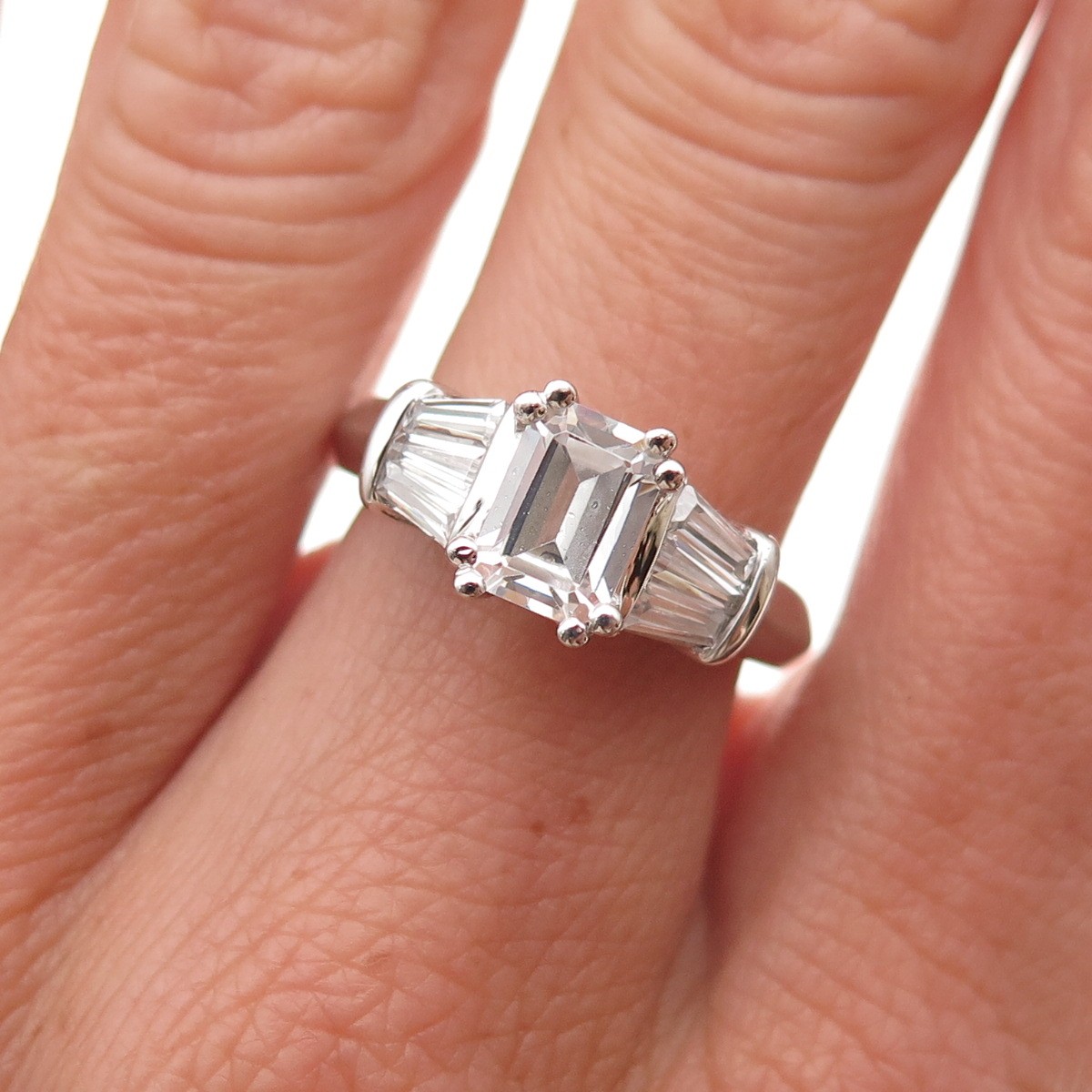 925 Sterling Silver Emerald & Tapered Baguette-Cut C Z Engagement Ring Size 7