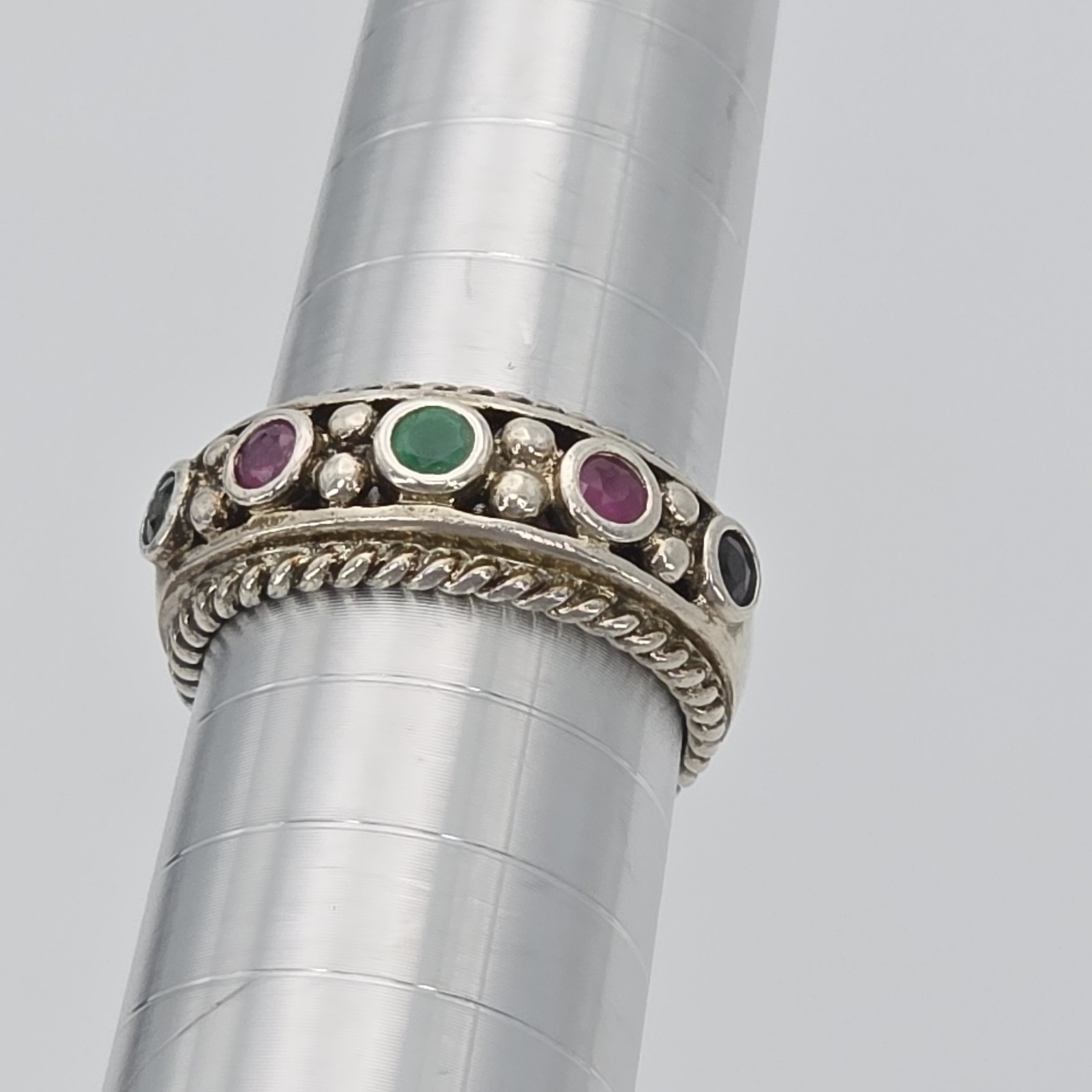 Vtg PRANDA Genuine Ruby Emerald Sapphire Ring 925 Sterling Silver Thailand Sz 8
