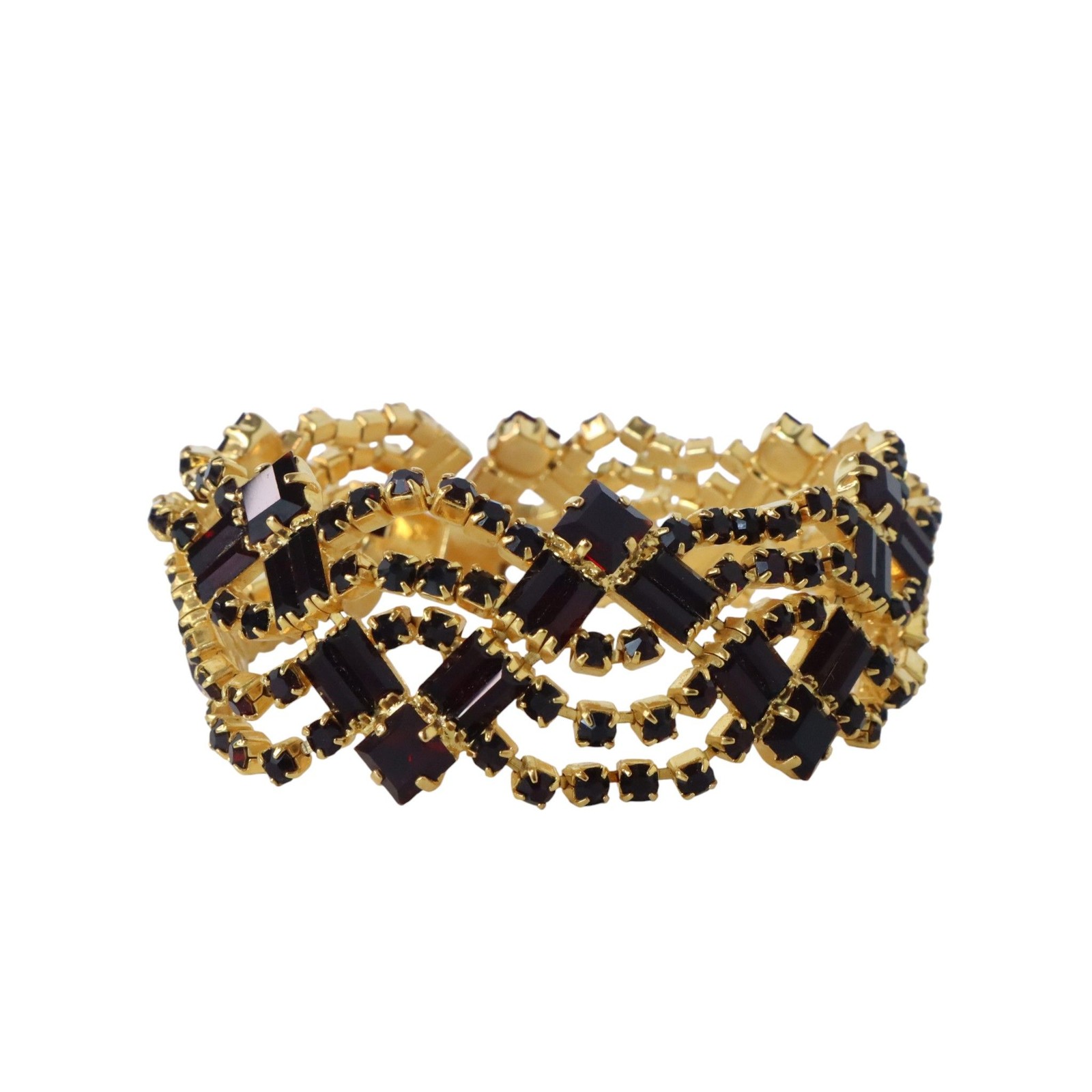 Vintage Czech Republic Garnet Glass Rhinestone Necklace Bracelet Earrings Set