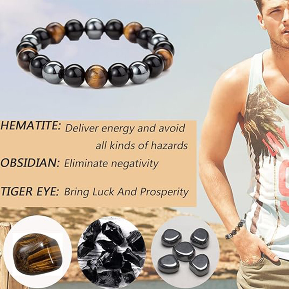Energy Healing Stretch Bracelet Natural Stone Hematite Tiger Eye for Men Women