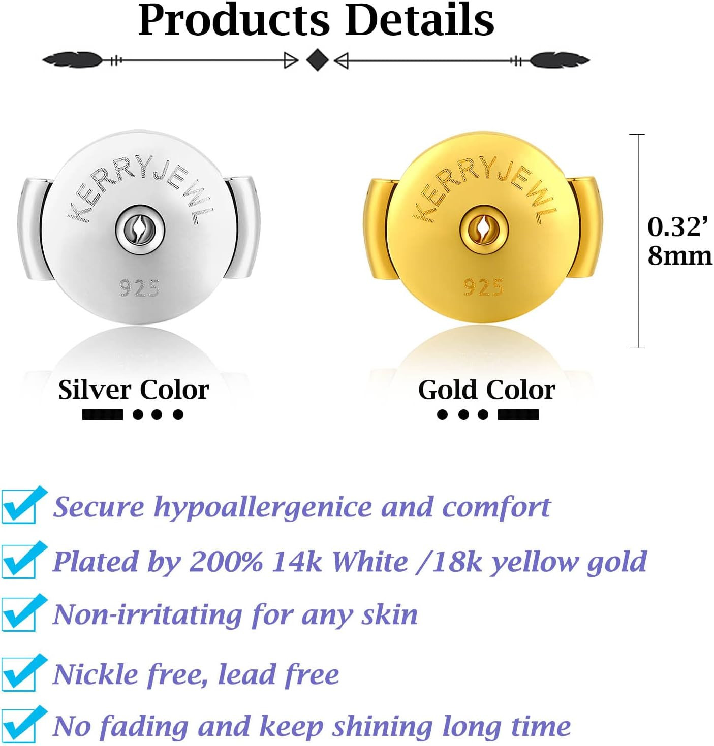 14K White Gold Locking Earring Backs Replacements for Diamond Studs, 2 Pairs