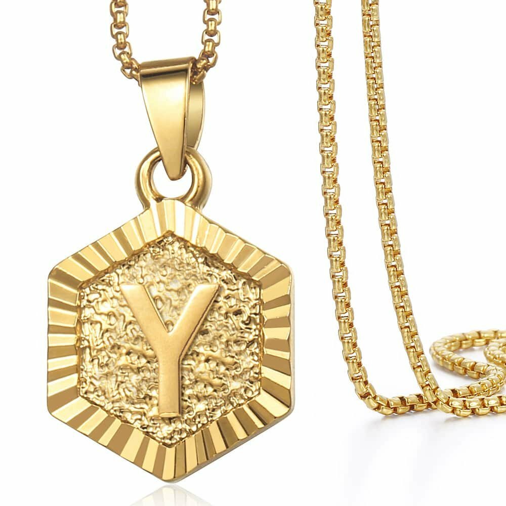 Hexagon A-Z Gold Plated 14k Initial Letter Pendant Necklace Unisex Mens Womens