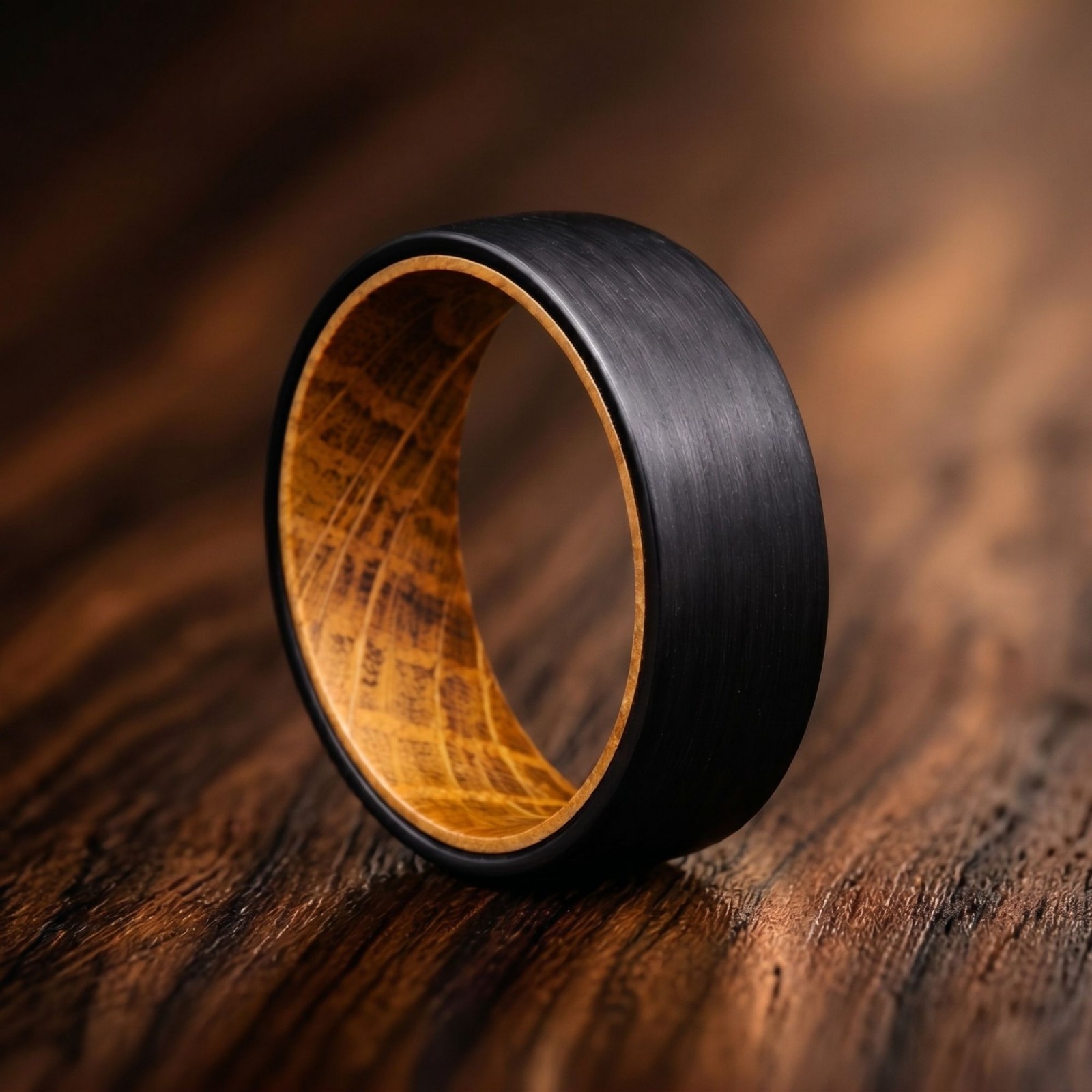 Black Tungsten Whiskey Barrel Ring – Wood Inlay Men’s Wedding Band Comfort Fit