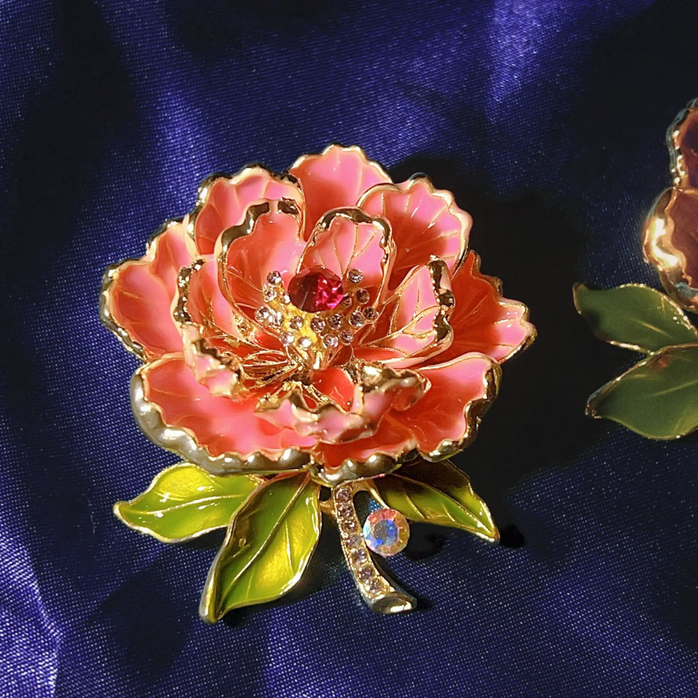 Gold Pink Peony Crystal Flower Brooch Enamel Rhinestone Pin Summer Jewelry Gift