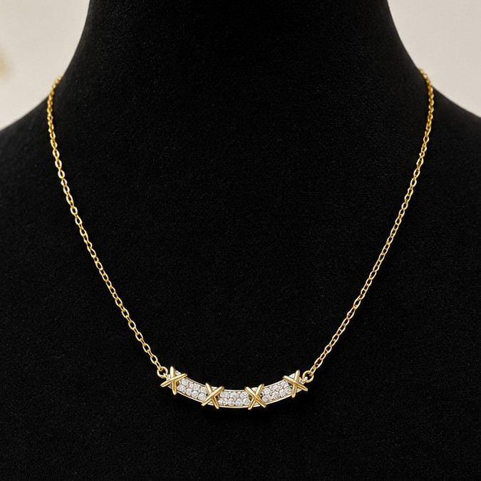 Gold Tone CZ Bar Necklace with X Accents Dainty Minimalist