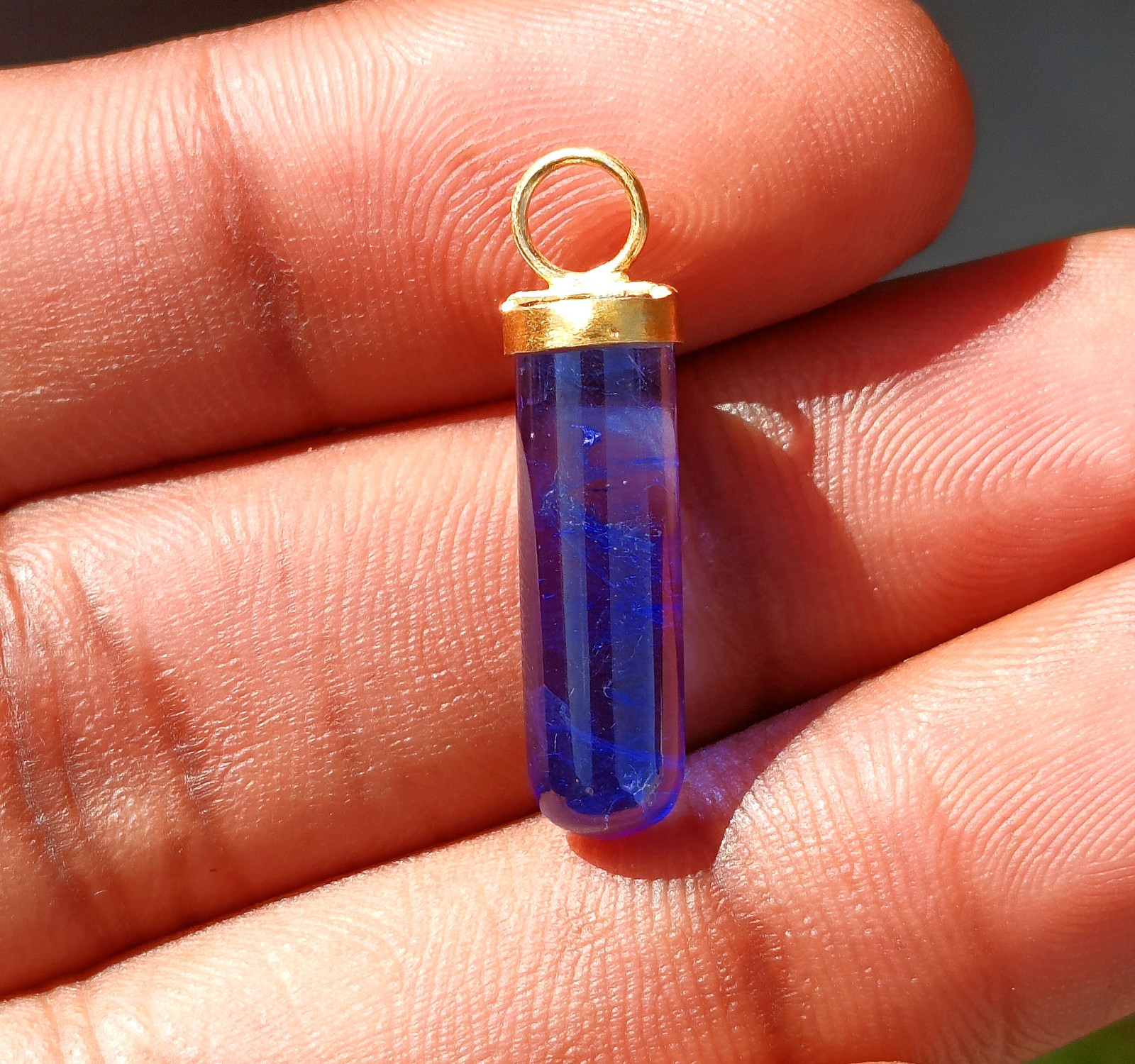 Natural Pencil Blue Sapphire Gold Charm, 18k Solid Gold Handmade Charm Pendant