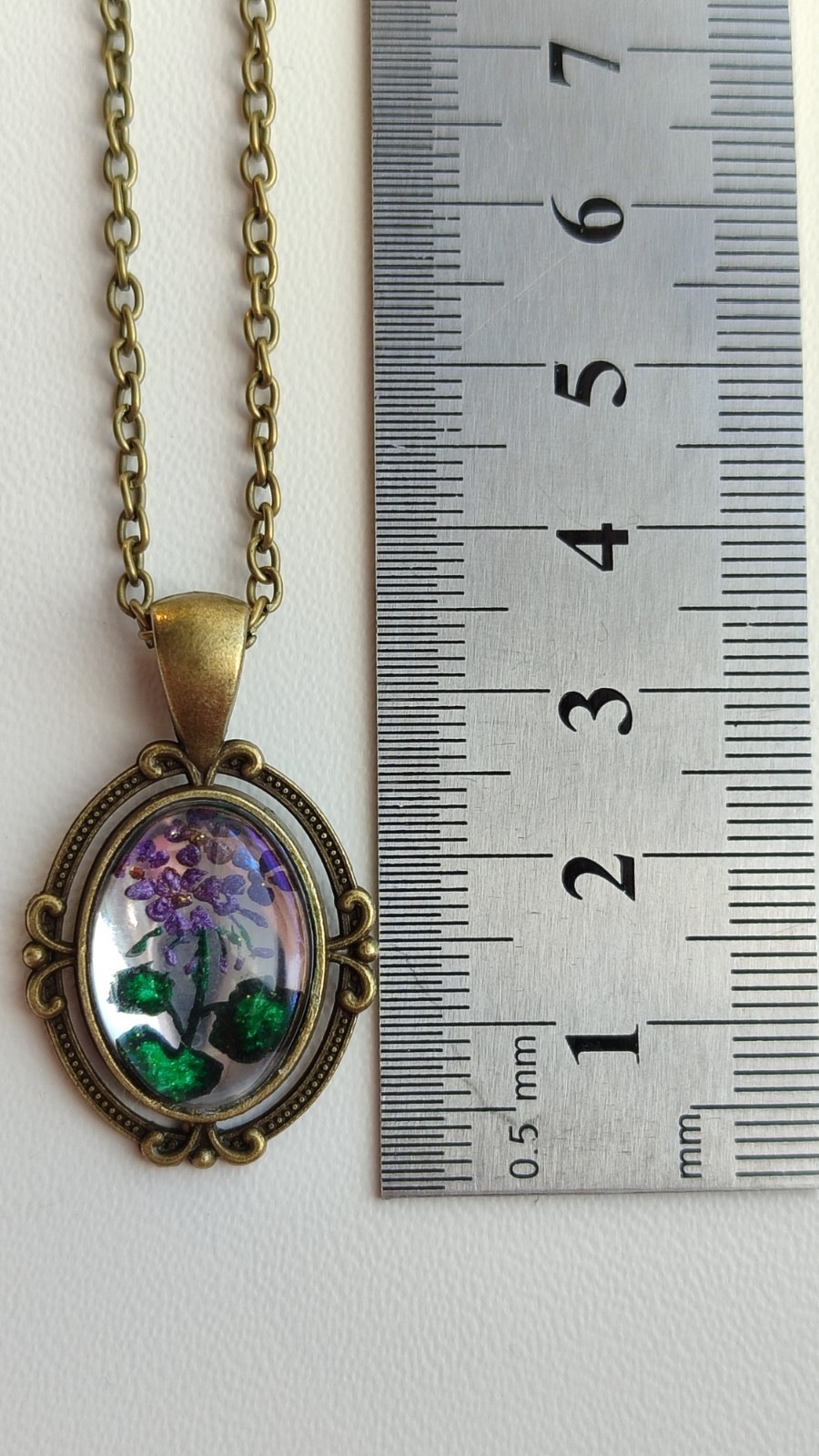 Handmade Reverse Carved Acrylic Pendant Necklace Vintage Bronze Purple Flower Ar