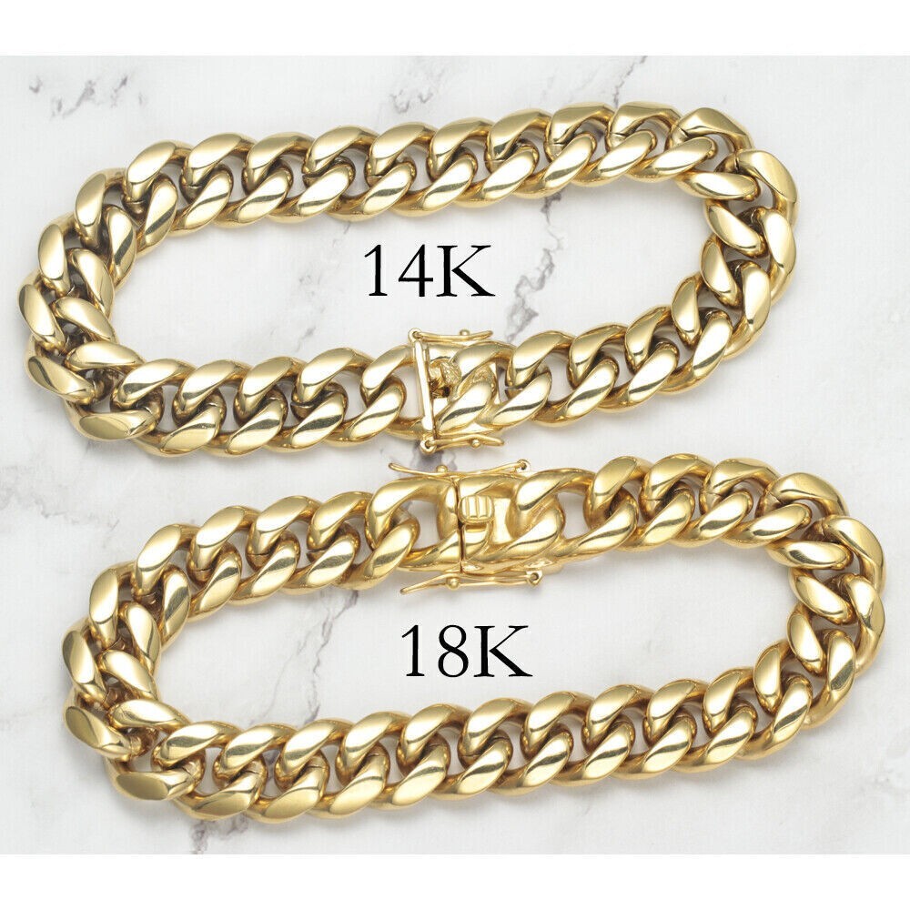 Men’s Solid Miami Cuban Link Bracelet Chain 14K 18K Gold Plated Stainless Steel