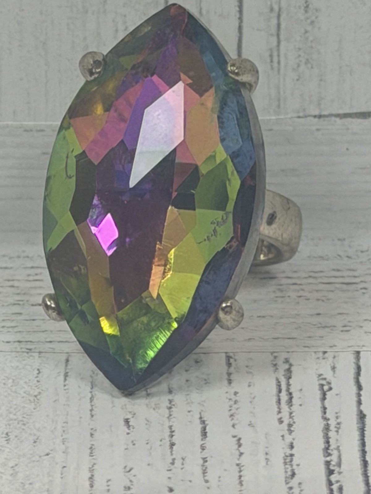 Large Rainbow Foil Backed Crystal Pear Cut Silver Tone Statement Ring Size 5