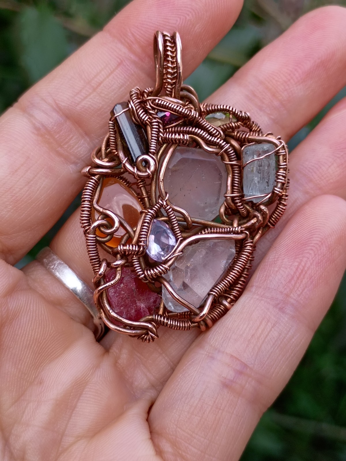 Multicolor Multiple Gem Stone Pendant Necklace Copper Wirewrap Amulet