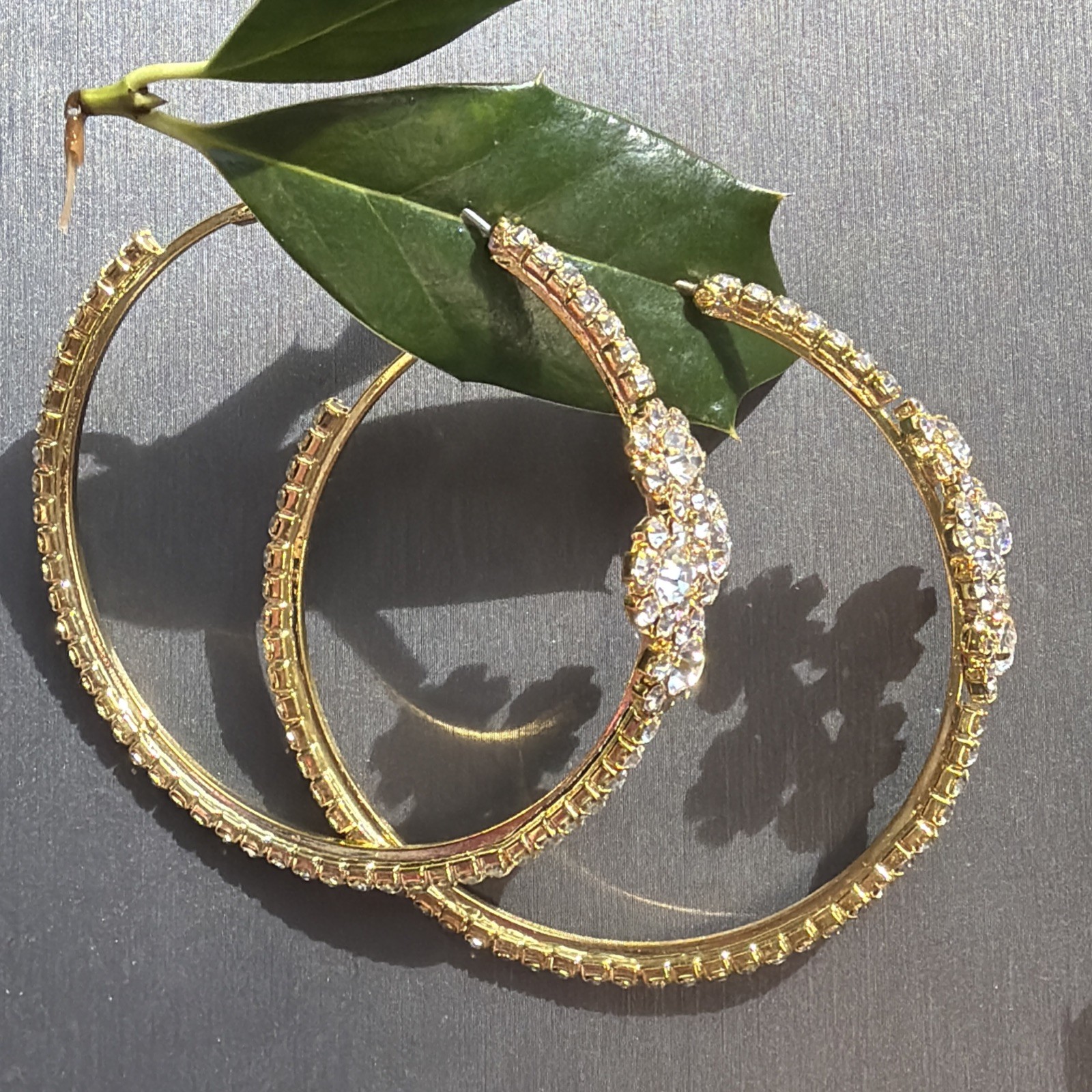 Gold Tone Rhinestone Hoop Earrings Large Statement Floral Cluster 2.5” Glam