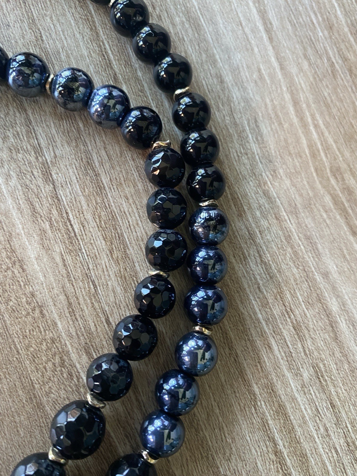 Vera Bradley Vintage Long Black and Blue Glass Bead Necklace/Gold Toned Tassel